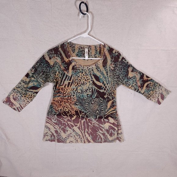 Cubism Abstract Animal Print Top Womens Medium Multicolor Perforations Shirt - Picture 1 of 14